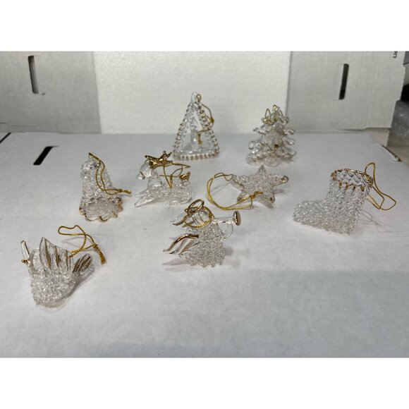 Clear Glass Christmas Ornaments Set Of 8 With Gold String Angel Tree Star Boot & - Picture 2 of 9
